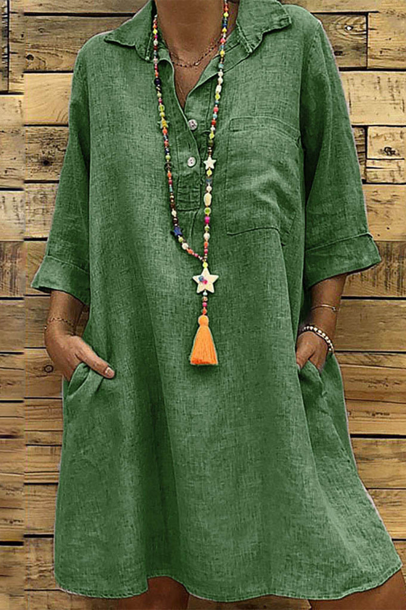 Kaynafashions - Casual Solid Buckle Turndown Collar One Step Skirt Dresses(5 Colors)