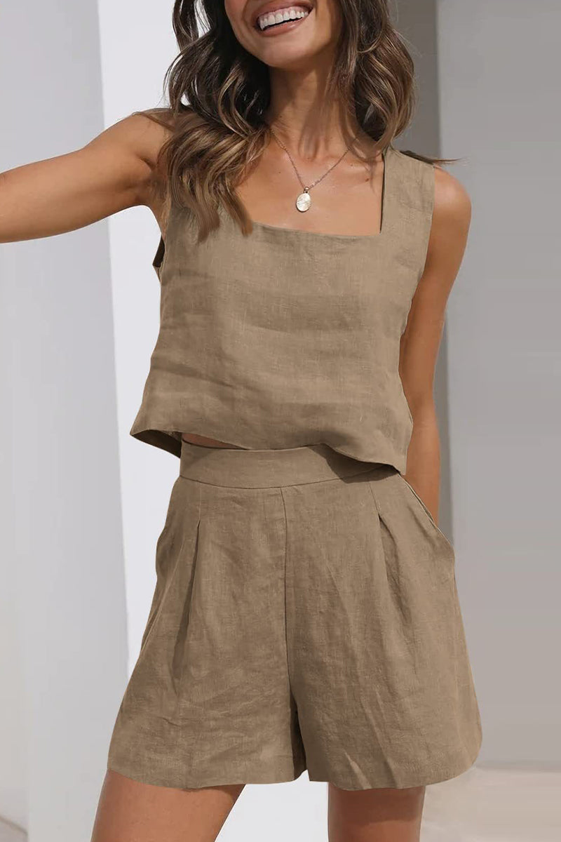 Kaynafashions - Casual Simplicity Solid Pocket Square Collar Sleeveless Two Pieces(16 Colors)