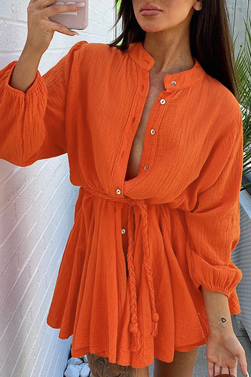 Kaynafashions - Solid Lace Up Button Ruffle Dresses(5 Colors)