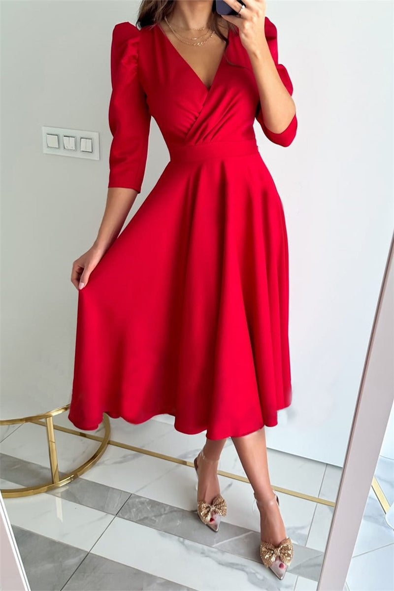Kaynafashions - Sweet Elegant Solid Color V Neck A Line Dresses(4 Colors)