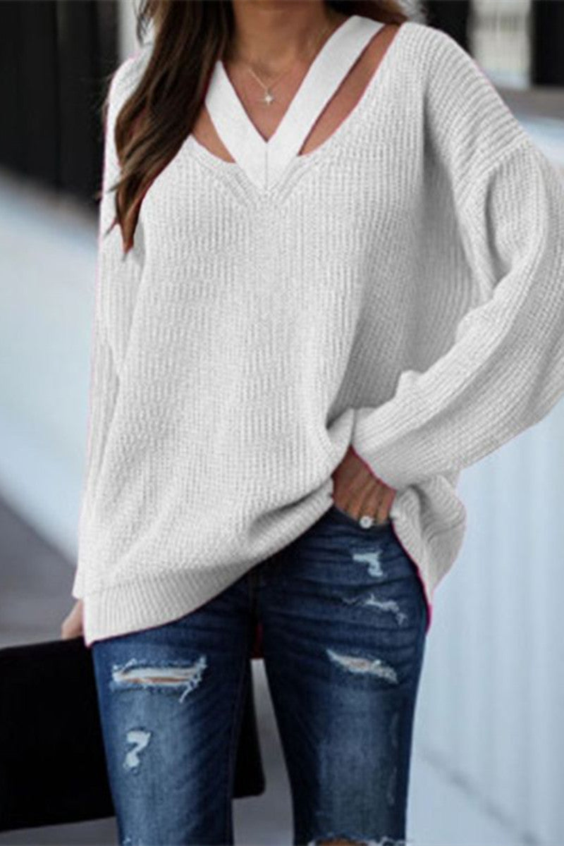 Kaynafashions - Casual Solid Hollowed Out Patchwork V Neck Sweaters(3 Colors)