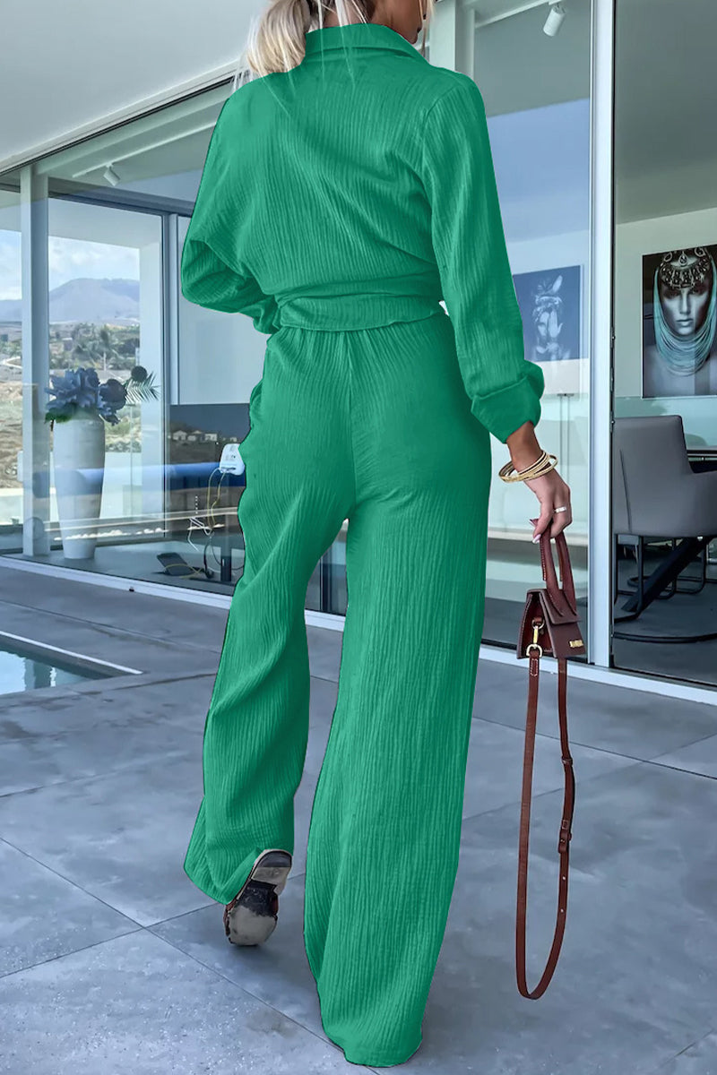 Kaynafashions - Casual Simplicity Solid Fold Turndown Collar Long Sleeve Two Pieces