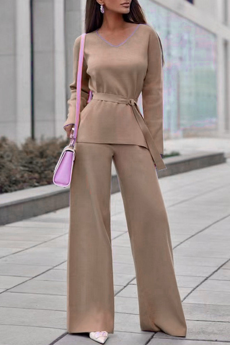 Kaynafashions - Casual Simplicity Solid Bandage V Neck Long Sleeve Two Pieces