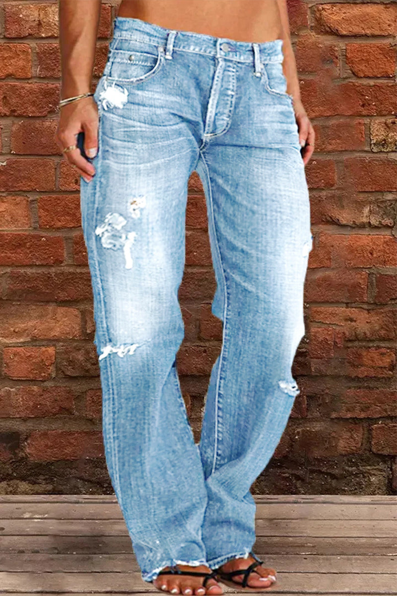 Kaynafashions - Casual Street Patchwork Ripped Straight Denim Jeans