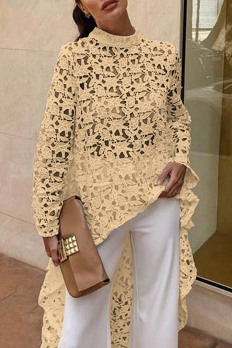 Kaynafashions - Sexy Solid Lace Hollowed Out Asymmetrical Half A Turtleneck Lace Dress Dresses