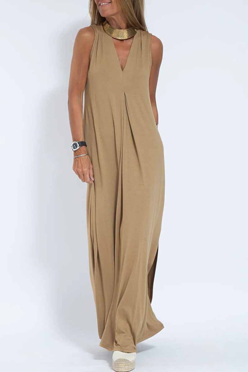 Kaynafashions - Street Solid Patchwork V Neck Vest Dress Dresses(4 Colors)