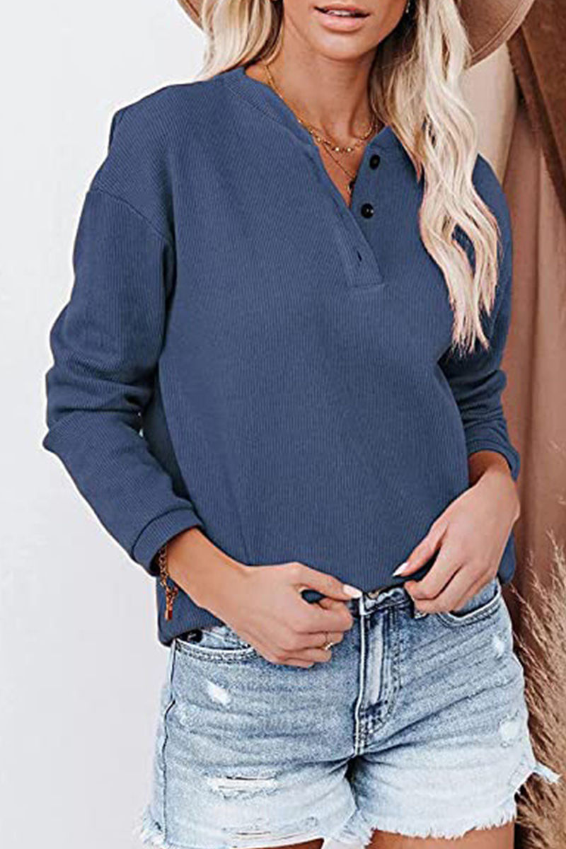 Kaynafashions - Casual Solid Patchwork Buckle O Neck Tops(6 colors)