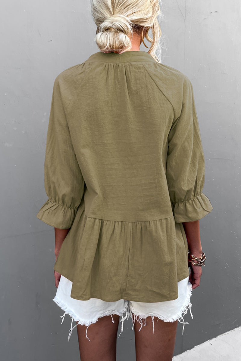 Kaynafashions - Casual Solid Flounce Fold V Neck Tops(5 Colors)