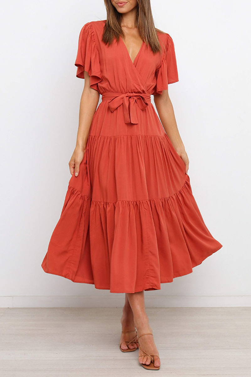 Kaynafashions - Casual Solid Patchwork V Neck Cake Skirt Dresses