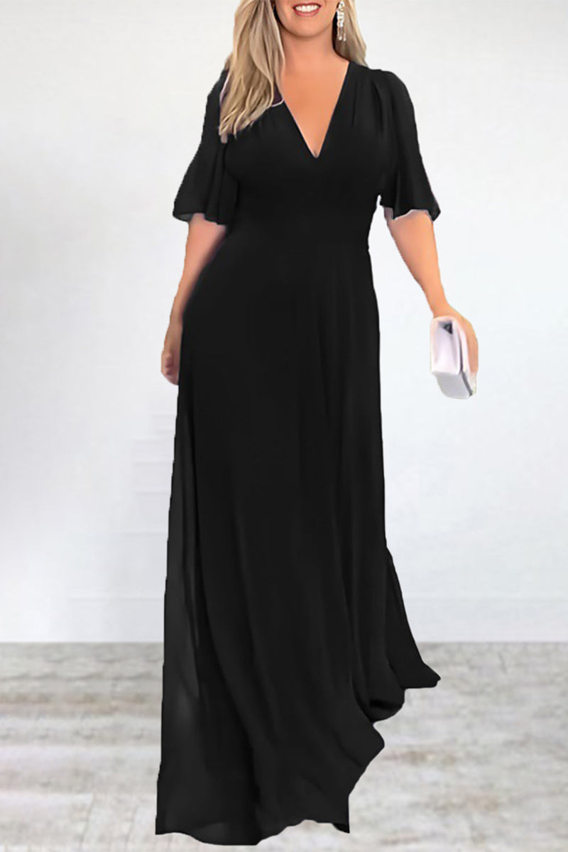 Kaynafashions - Elegant Solid Slit V Neck A Line Dresses