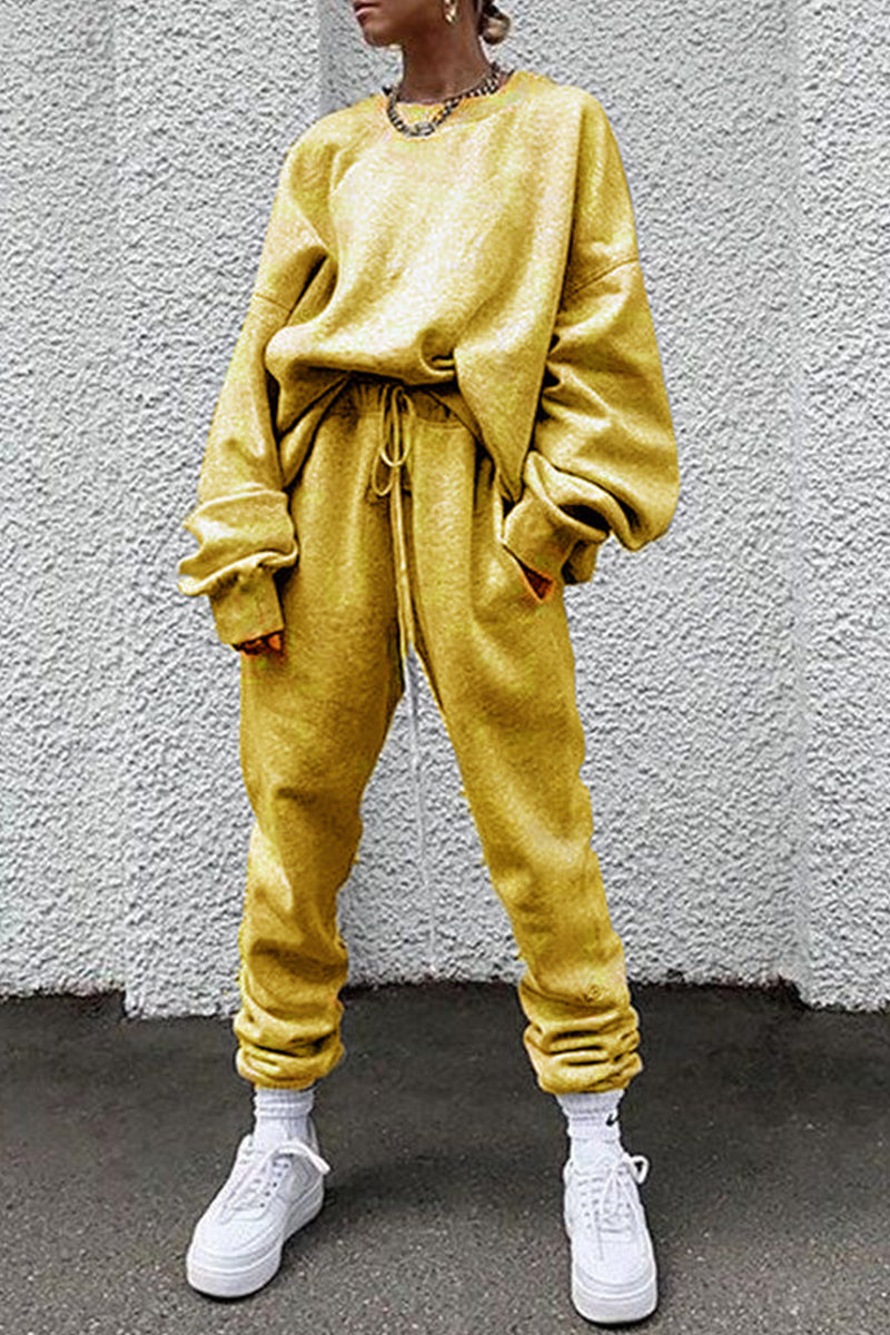 Kaynafashions - Casual Solid Pocket O Neck Long Sleeve Two Pieces