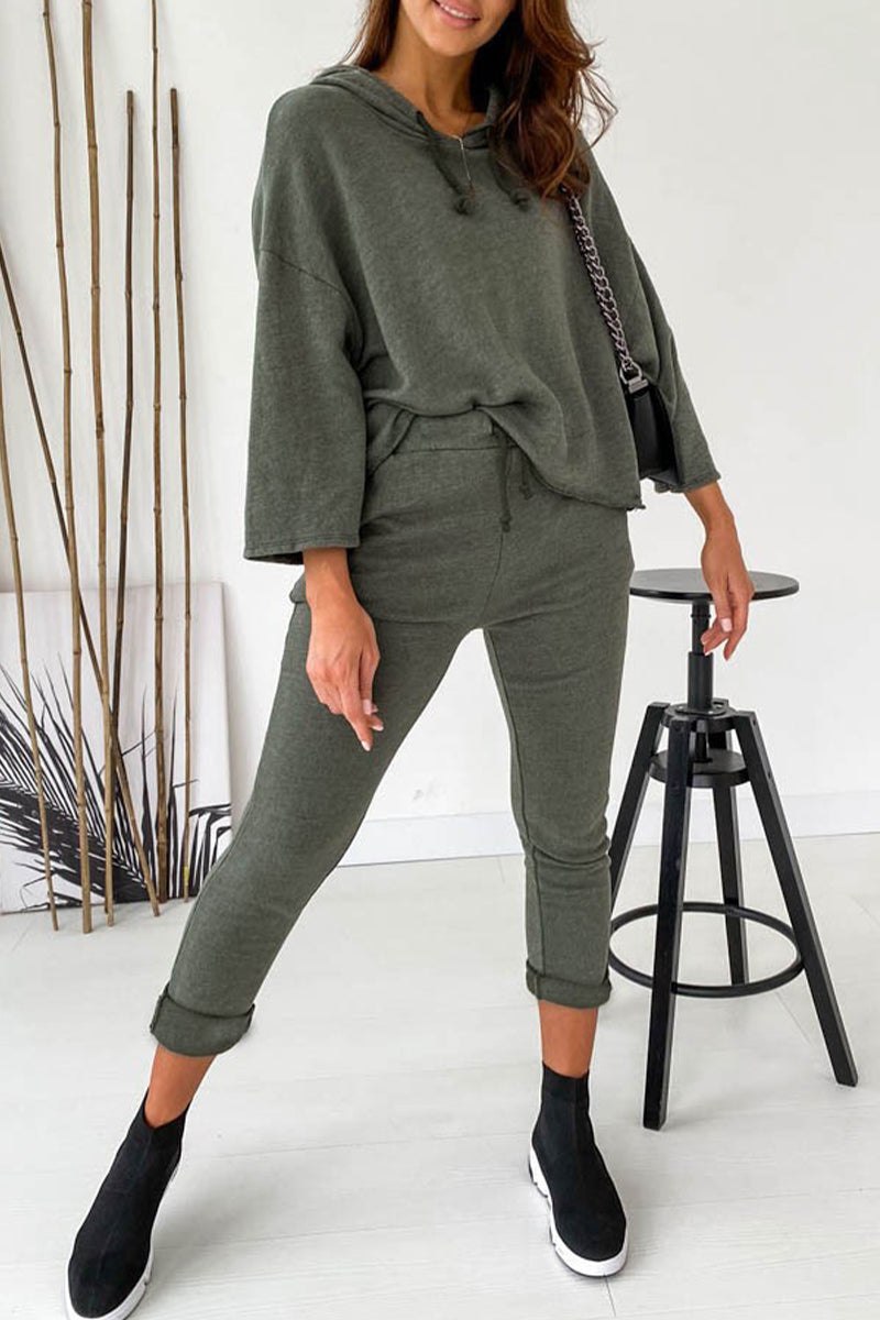 Kaynafashions - Solid Solid Color Hooded Collar Three Quarter Two Pieces