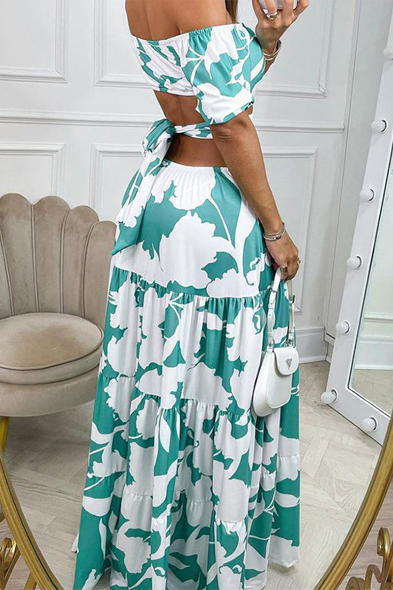Kaynafashions - Sexy Elegant Print Frenulum Off the Shoulder Printed Dress Dresses(4 Colors)