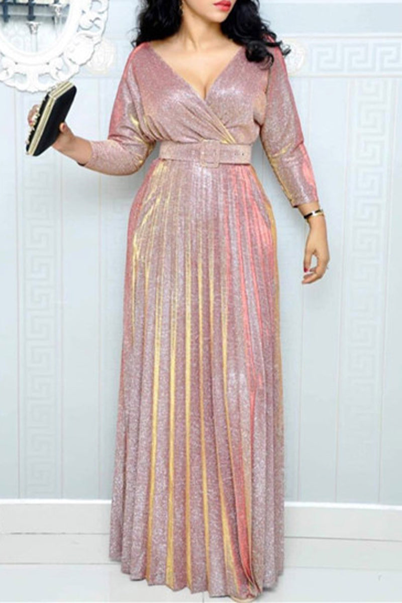 Kaynafashions - Elegant Bronzing Sequined With Belt V Neck A Line Dresses