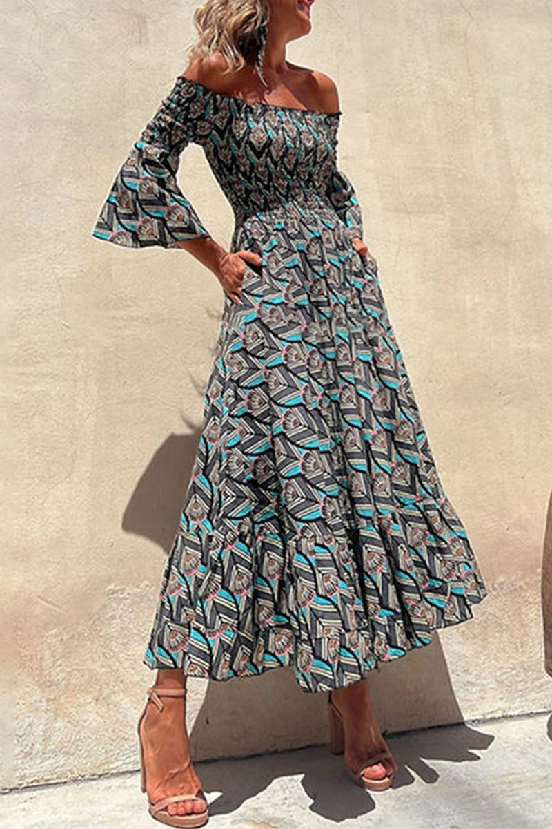 Kaynafashions - Elegant Print Patchwork Off the Shoulder Irregular Dress Dresses