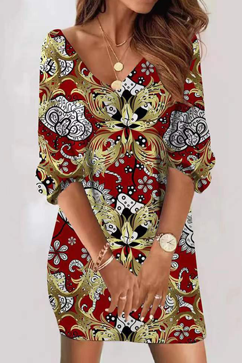 Kaynafashions - Casual Print Patchwork V Neck Straight Dresses(5 colors)