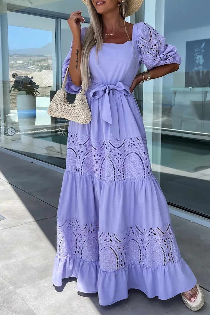 Kaynafashions - Elegant Solid Hollowed Out Frenulum Square Collar A Line Dresses