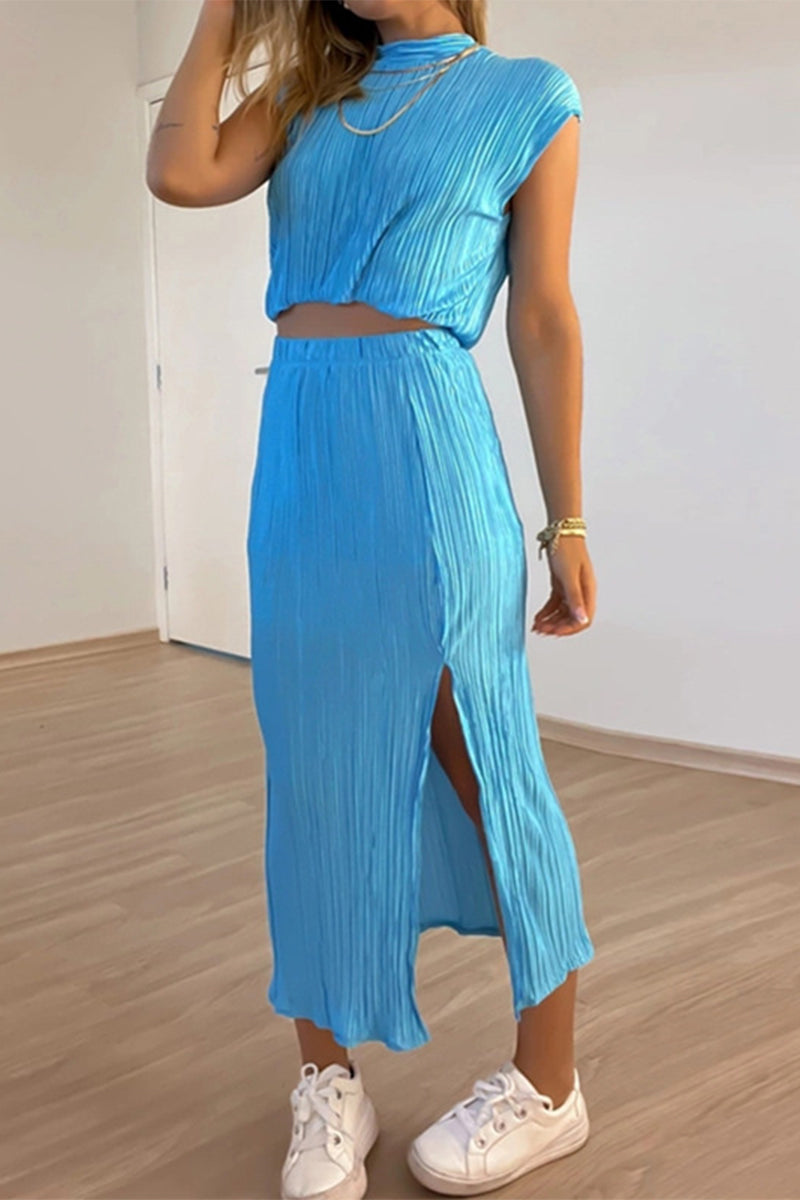 Kaynafashions - Sweet Elegant Solid Slit Fold Half A Turtleneck Two Pieces(5 Colors)