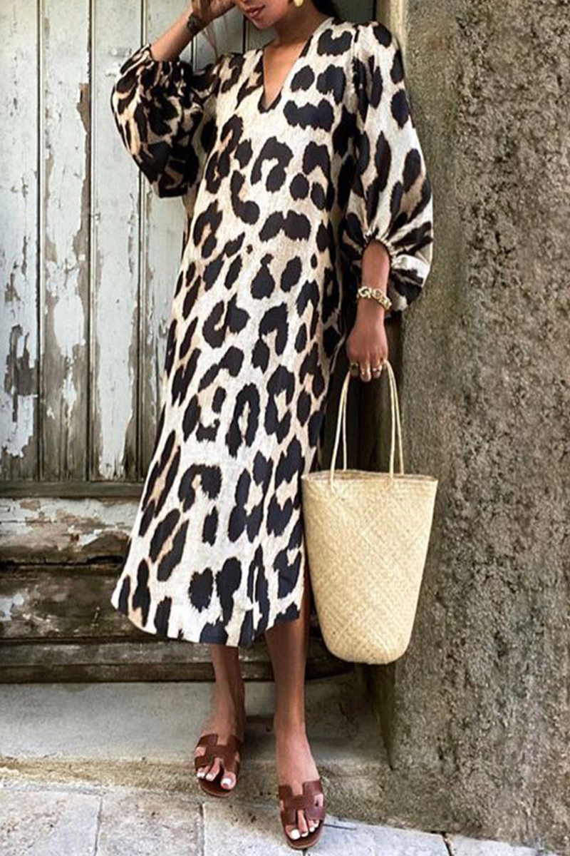 Kaynafashions - Casual Leopard Patchwork V Neck Straight Dresses