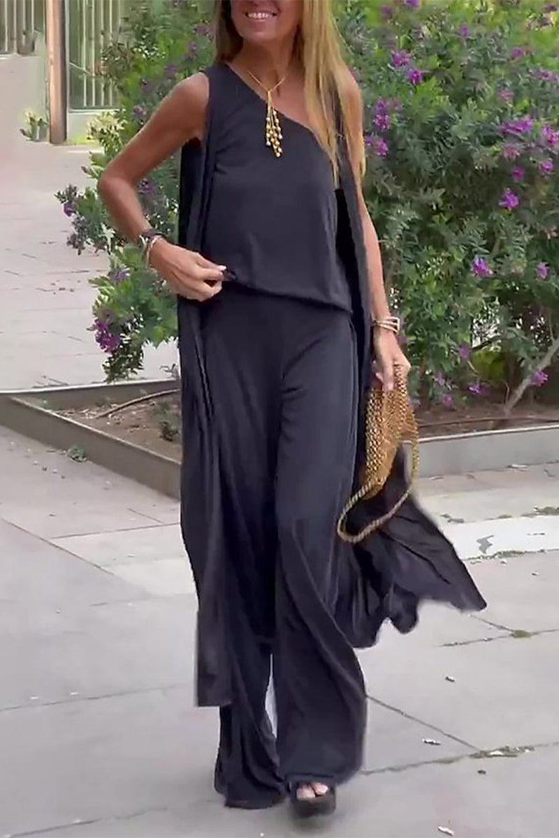 Kaynafashions - Casual Solid Oblique Collar Sleeveless three Pieces