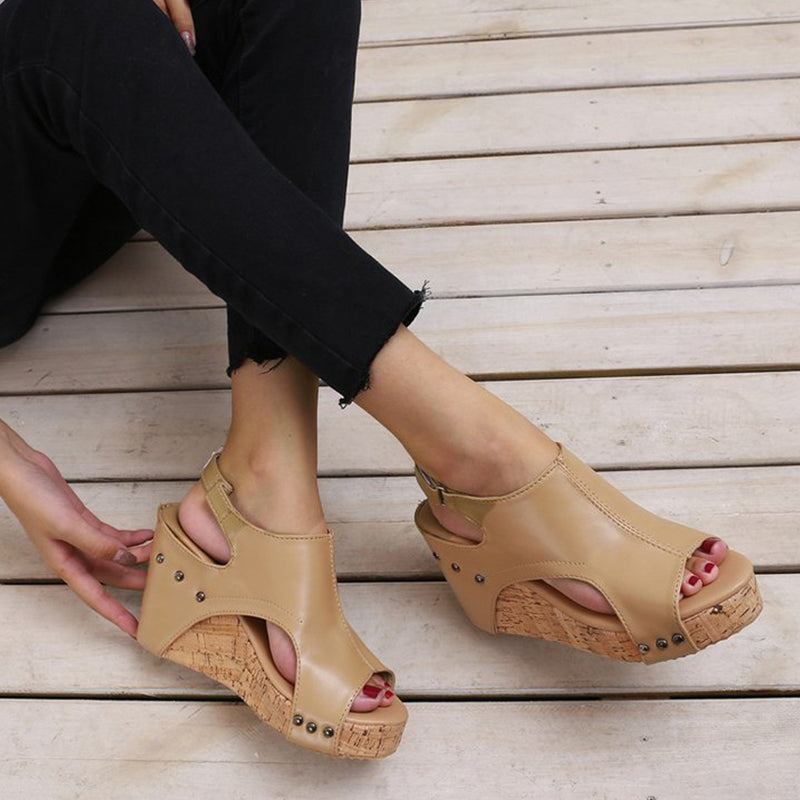 Kaynafashions - Casual Simplicity Patchwork Fish Mouth Wedges Shoes
