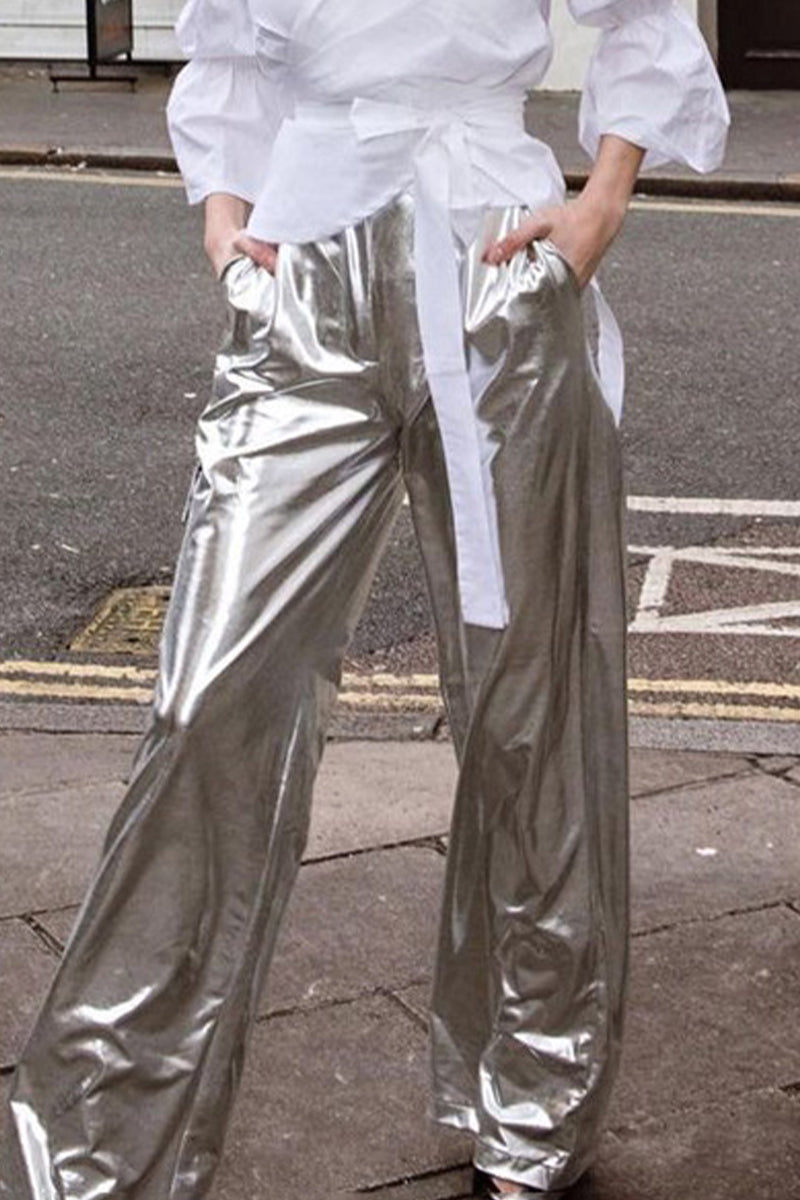 Kaynafashions - Street Solid Pocket Loose High Waist Wide Leg Solid Color Bottoms