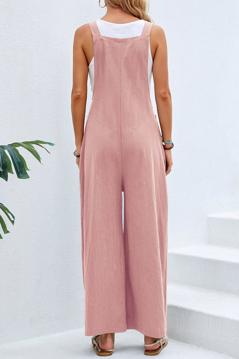Kaynafashions - Casual Vacation Solid Buttons Square Collar Loose Jumpsuits(10 Colors)