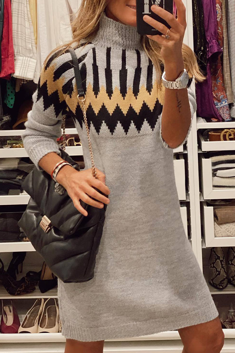 Kaynafashions - British Style Geometric Patchwork Turtleneck A Line Dresses