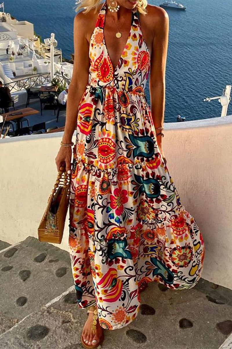 Kaynafashions - Sexy Vacation Print Backless Printing Halter Beach Dresses