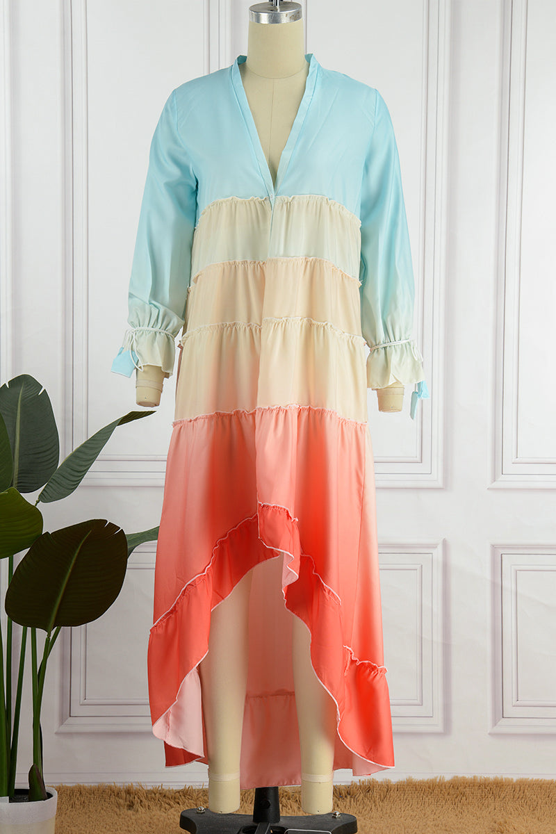 Kaynafashions - Elegant Gradual Change Patchwork Frenulum V Neck Printed Dress Dresses(3 Colors)