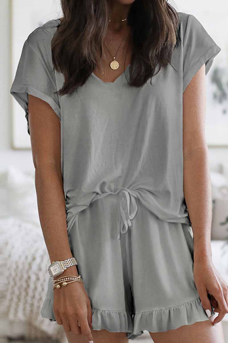 Kaynafashions - Street Living Solid Patchwork V Neck Short Sleeve Two Pieces