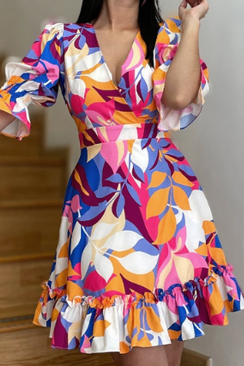 Kaynafashions - Sweet Elegant Floral Flounce V Neck A Line Dresses