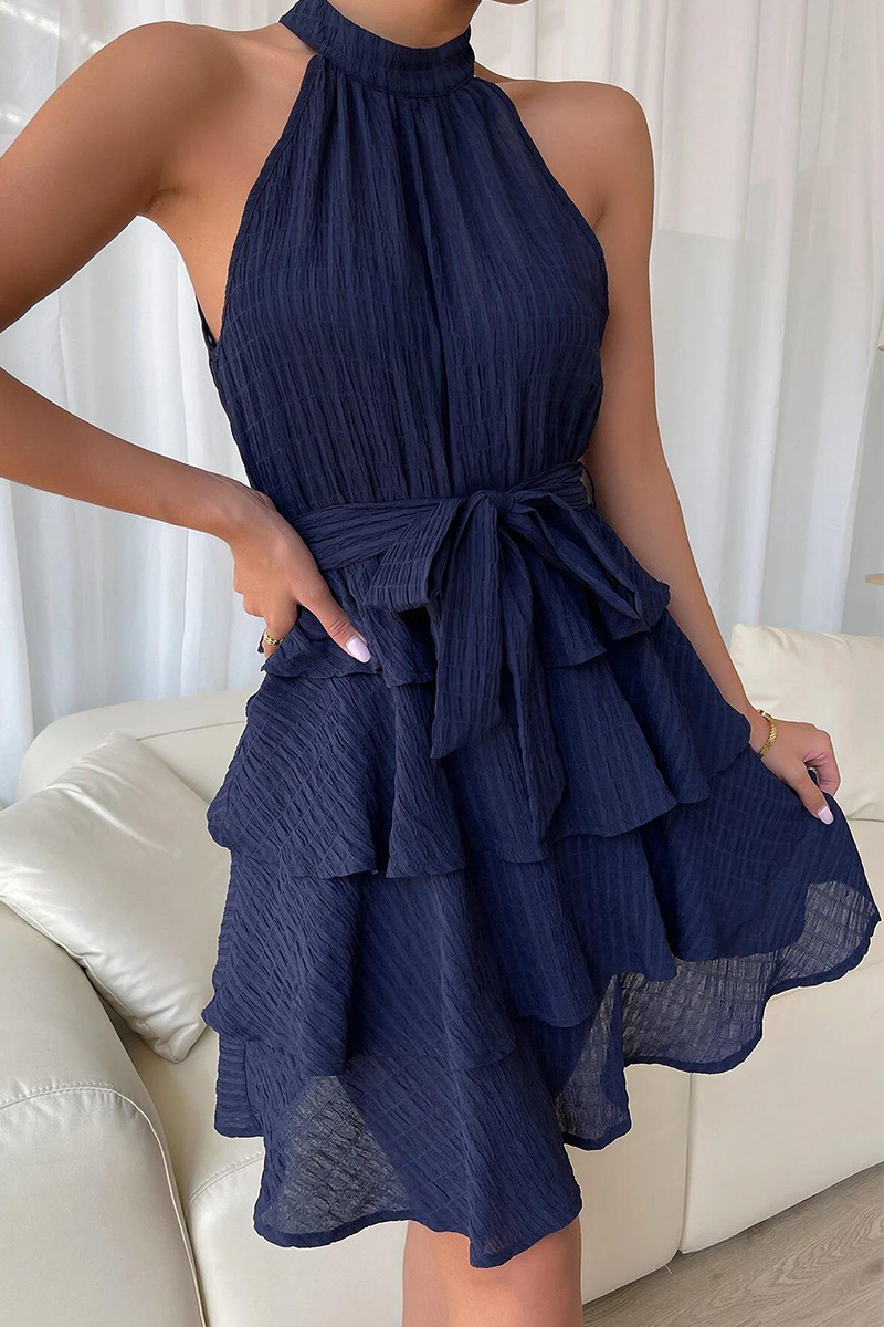 Kaynafashions - Casual Solid Patchwork Halter Cake Skirt Dresses(3 Colors)