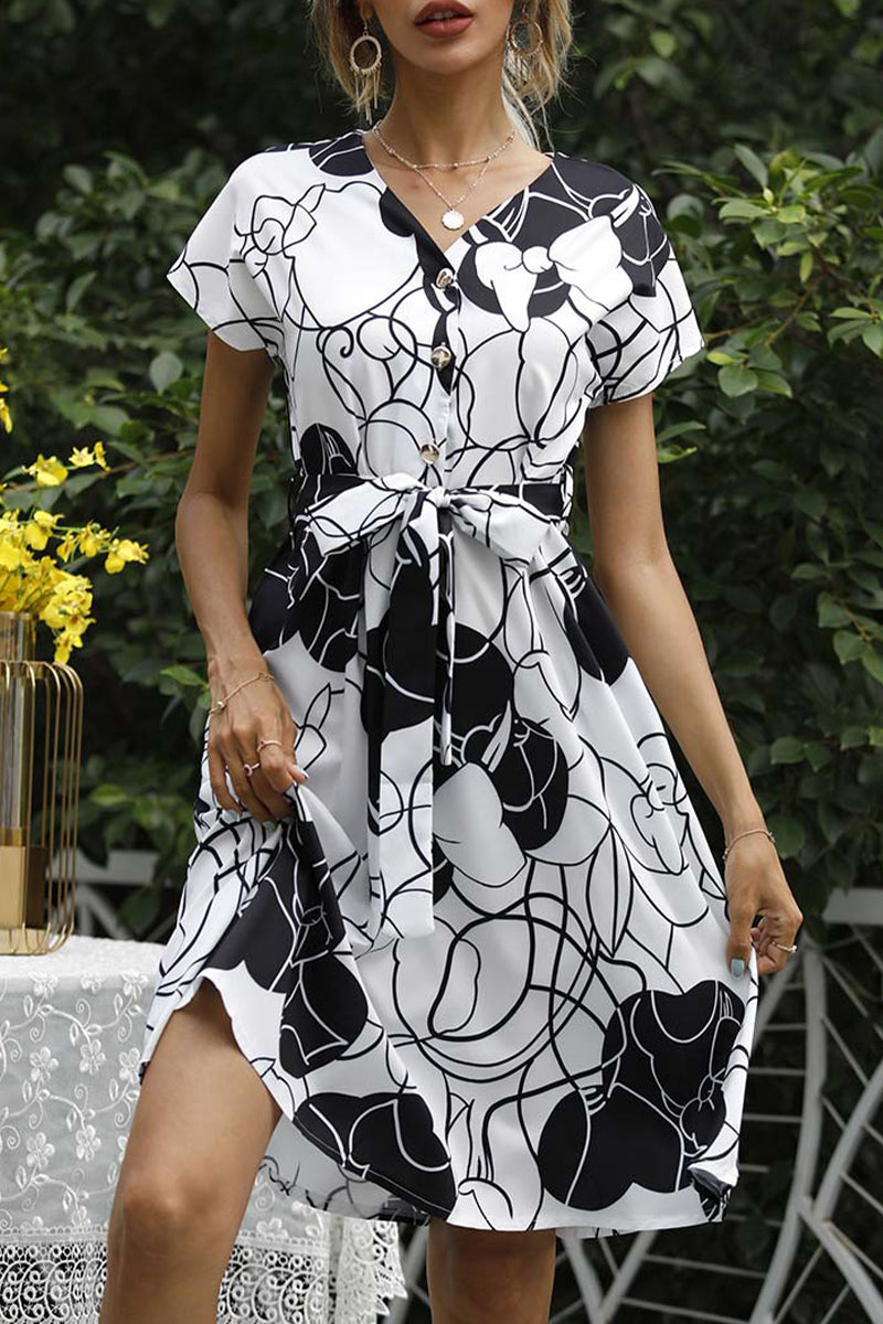 Kaynafashions - Elegant College Print Frenulum V Neck A Line Dresses(5 Colors)