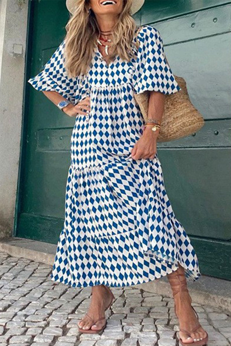 Kaynafashions - Sweet Elegant Print Floun)ce Printing O Neck Printed Dress Dresses(9 Colors)