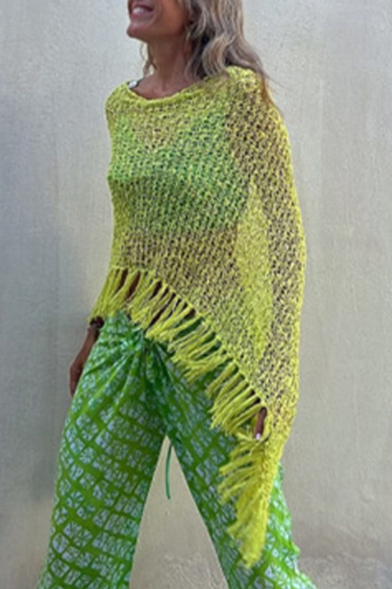 Kaynafashions - Vacation Solid Tassel Hollowed Out O Neck Outerwear