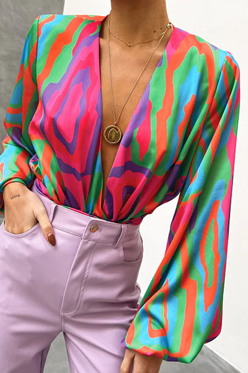 Kaynafashions - Fashion Print Patchwork V Neck Tops