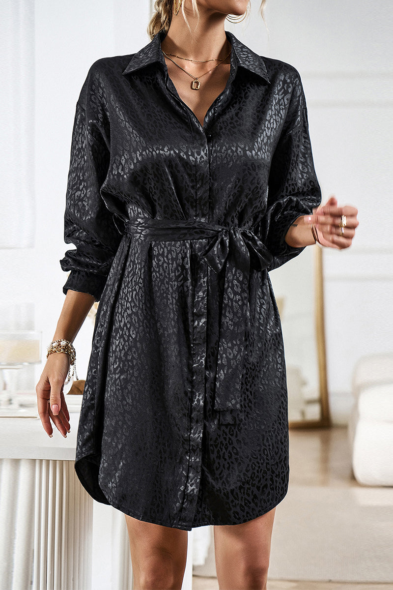 Kaynafashions - Casual Leopard Frenulum Turndown Collar Shirt Dress Dresses
