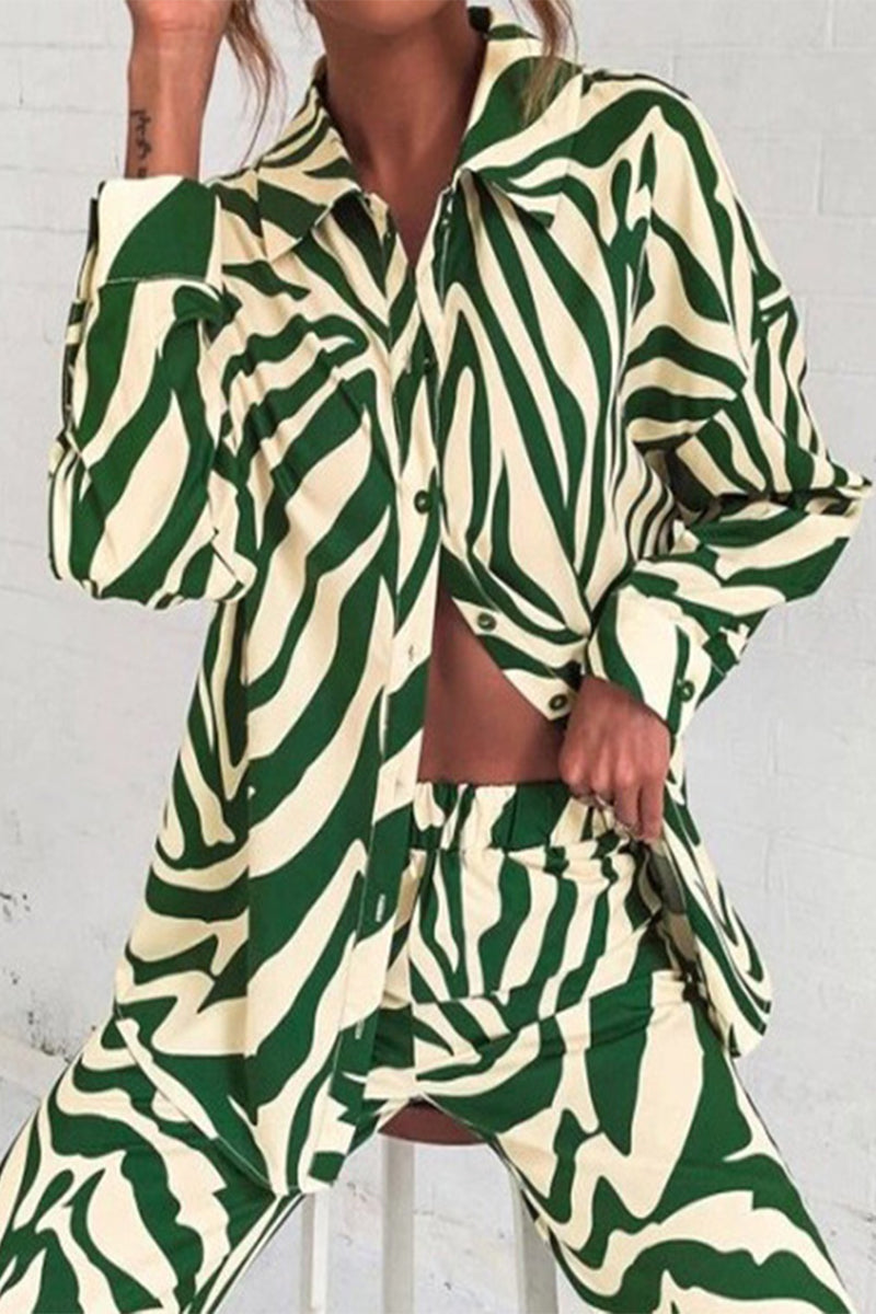 Kaynafashions - Casual Geometric Printing Turndown Collar Long Sleeve Two Pieces