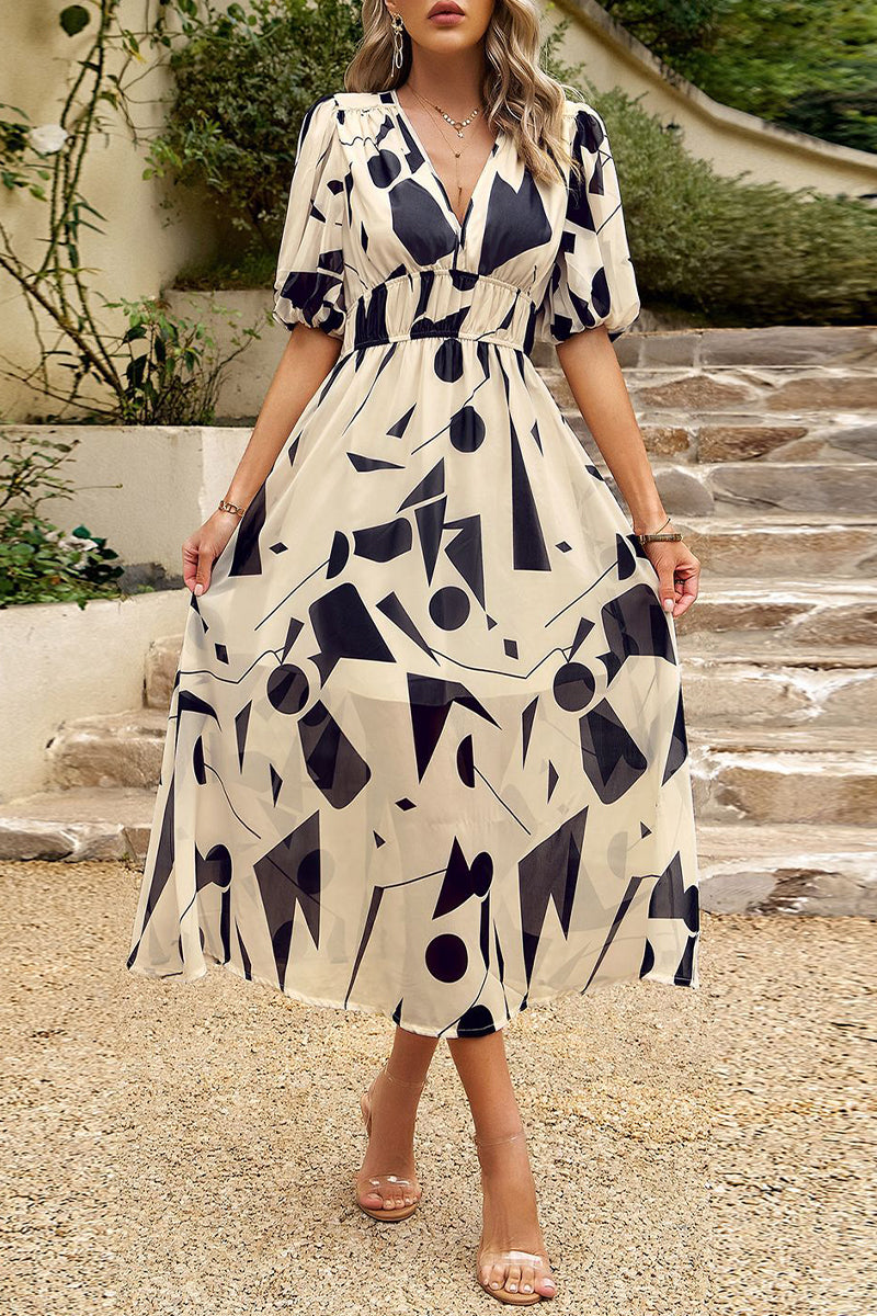 Kaynafashions - Elegant Print Patchwork V Neck A Line Dresses