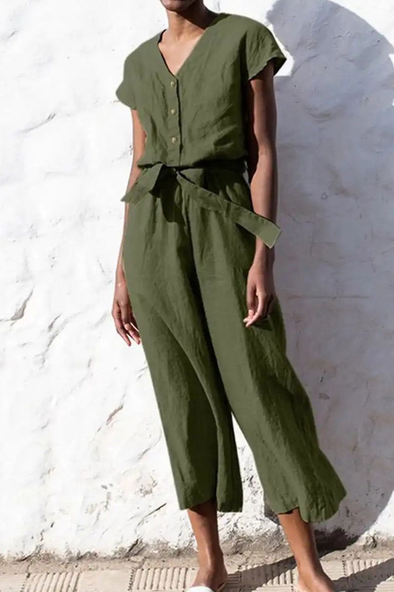 Kaynafashions - Casual British Style Solid Frenulum V Neck Loose Jumpsuits