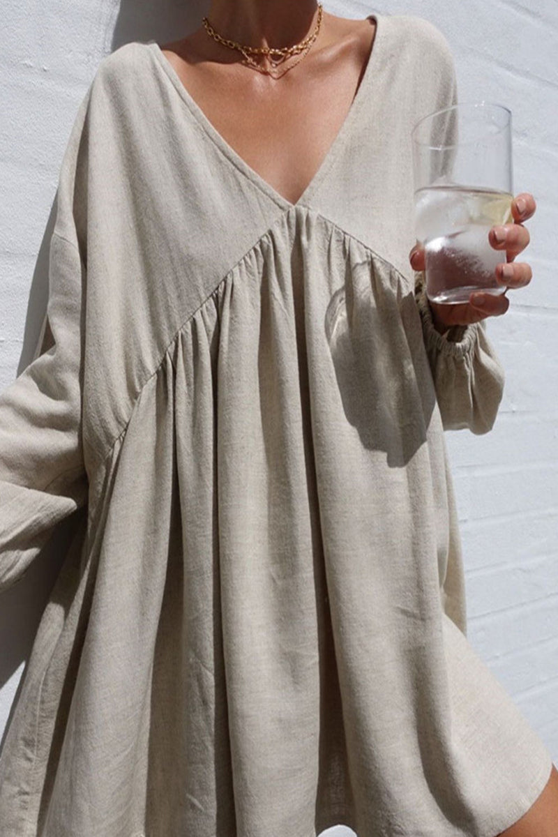 Kaynafashions - Casual Simplicity Solid Patchwork V Neck Long Sleeve Dresses(4 Colors)