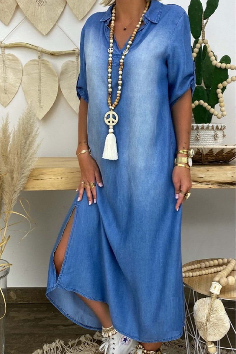 Kaynafashions - Casual Solid Patchwork Turndown Collar Straight Dresses