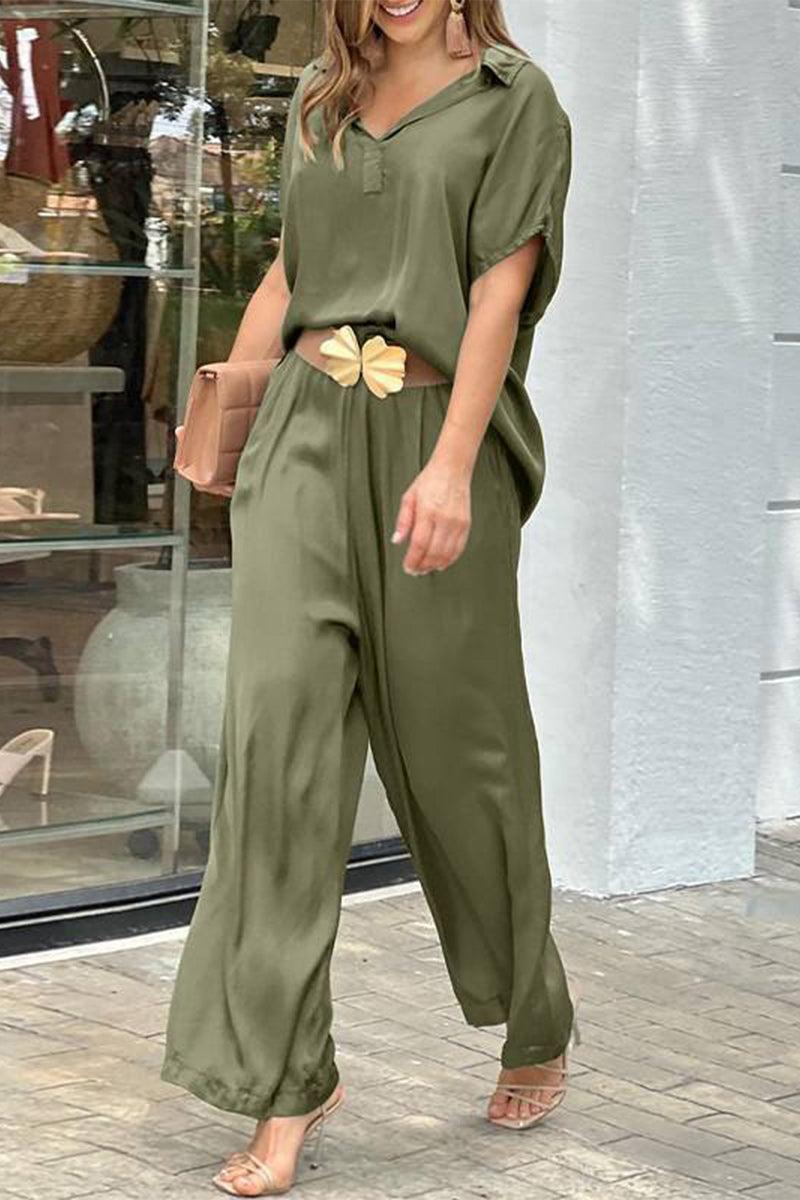 Kaynafashions - Casual Simplicity Solid Without Belt V Neck Short Sleeve Two Pieces(3 Colors)