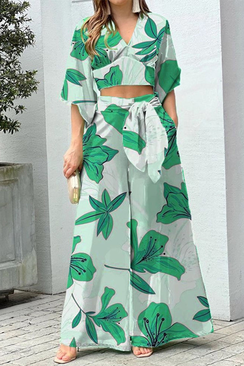 Kaynafashions - Elegant Print Frenulum V Neck Half Sleeve Two Pieces(10 Colors)