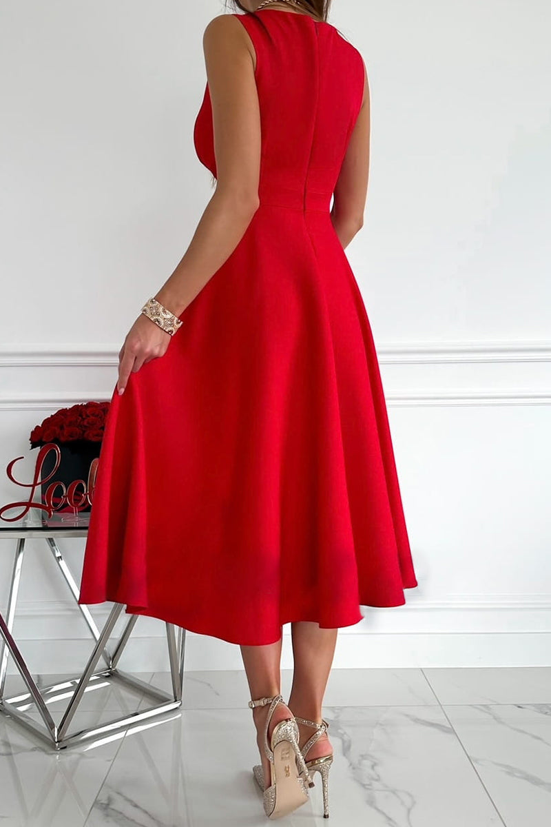 Kaynafashions - Sweet Elegant Solid Fold V Neck Sleeveless Dress Dresses