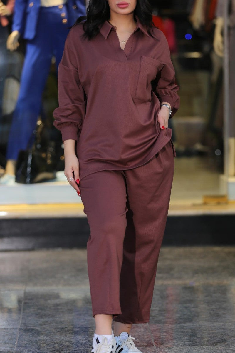 Kaynafashions - Casual Solid Patchwork Turndown Collar Long Sleeve Two Pieces