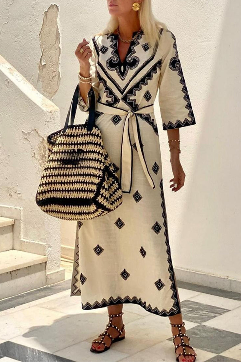 Kaynafashions - Bohemian Elegant Geometric Print With Belt V Neck A Line Dresses