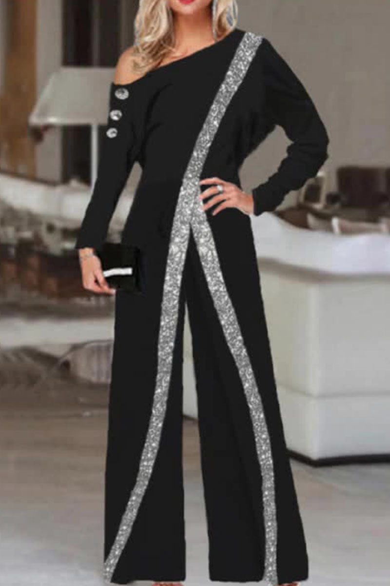 Kaynafashions - Casual Solid Patchwork Oblique Collar Straight Jumpsuits
