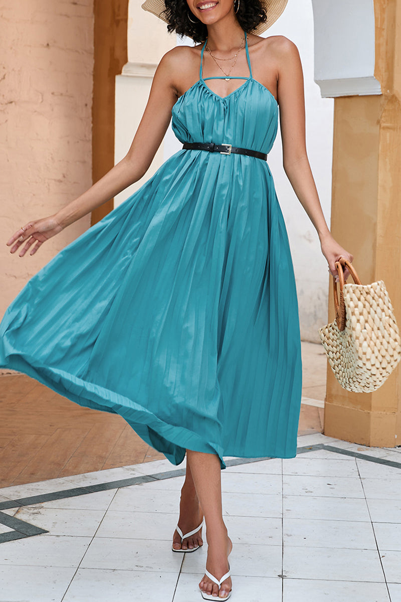 Kaynafashions - Sexy Vacation Solid Fold With Belt Halter A Line Dresses(4 Colors)